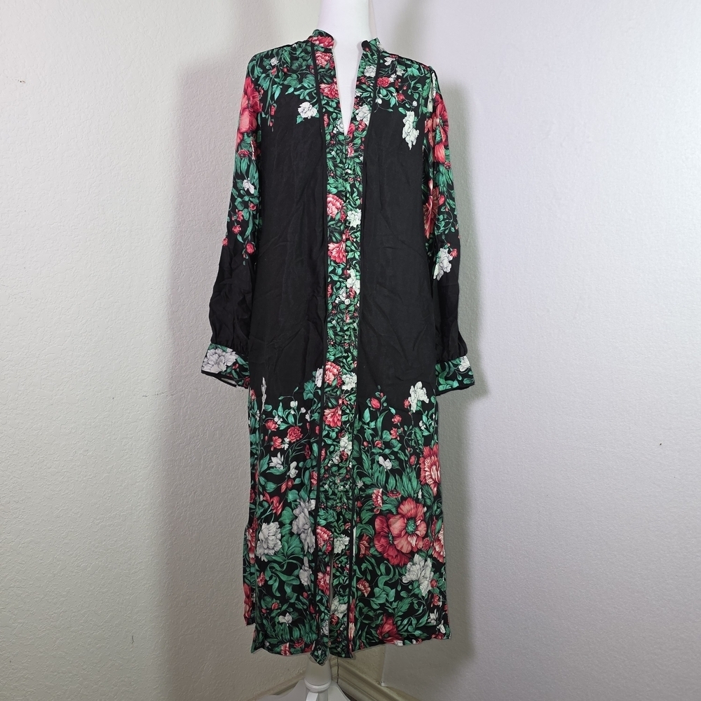 Anthropologie Floral Midi Dress Kimono Style Long Sleeve Black Multicolor Small